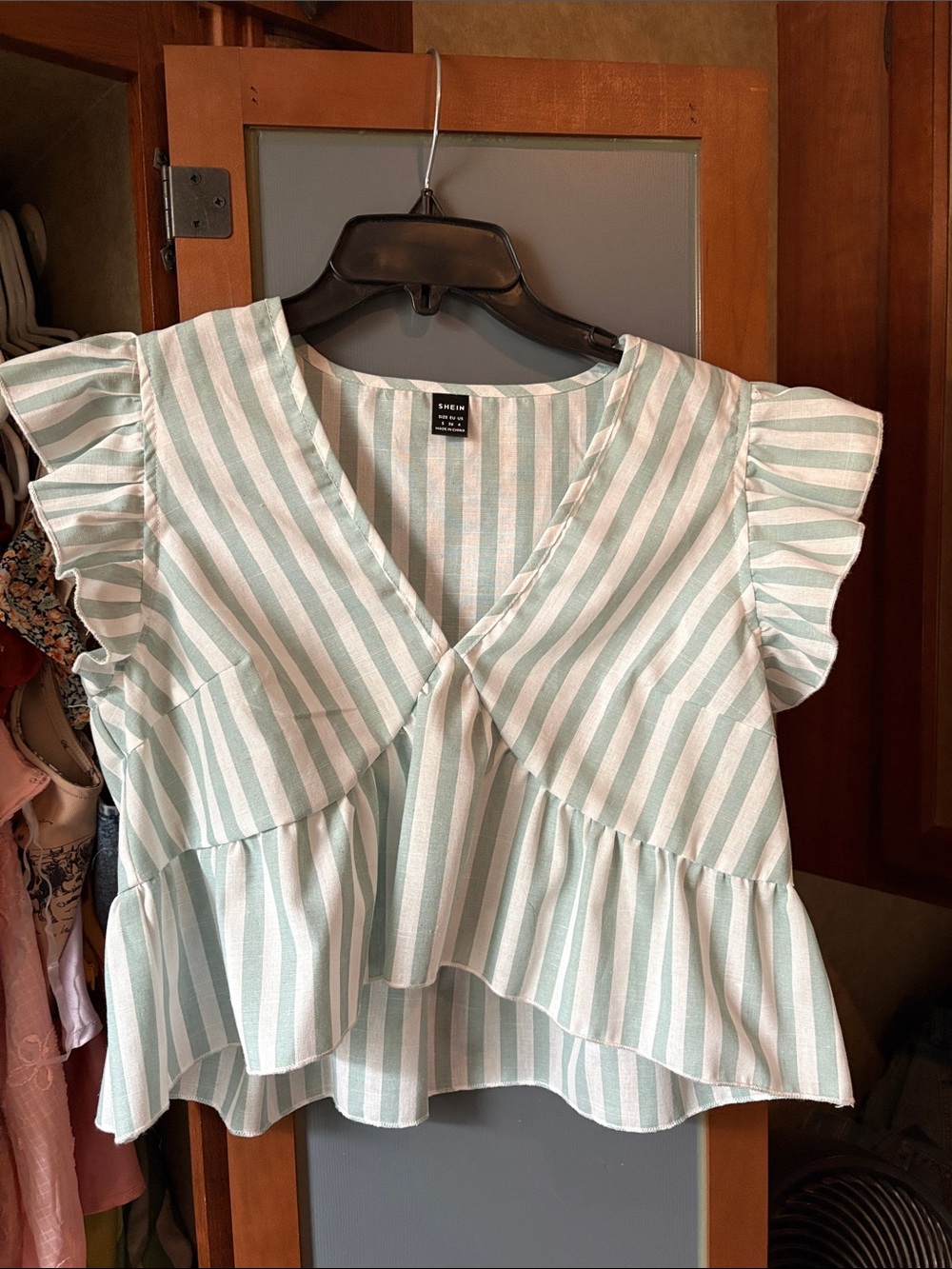 SHEIN Mint and White Striped Ruffle V-Neck Blouse